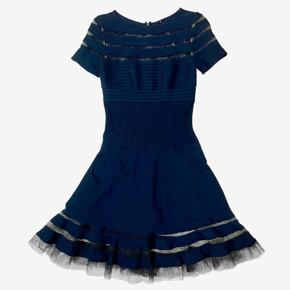 TADASHI SHOJI Pintuck Jersey Cutout Mesh Stripe Short Sleeve Dress  - Blue - S